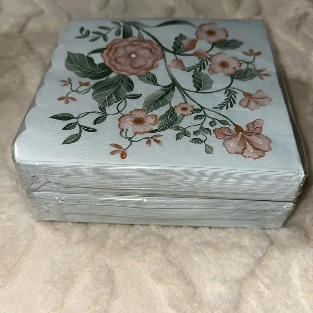 OCS Pastel Blue Coral Green Floral Scalloped Square Lunch Napkins 40 pk x 2
